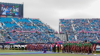 India and Ireland teams at the start of their T20 World Cup match in New York. AP