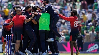 USA players celebrate after beating Pakistan via Super Over in the 2024 T20 World Cup in Dallas on Thursday. AP 